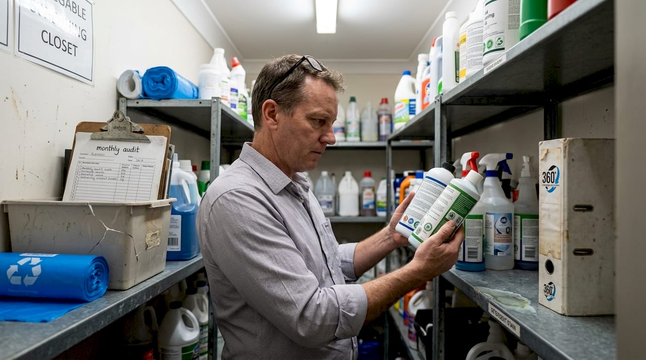 Manager checks certified green cleaning products