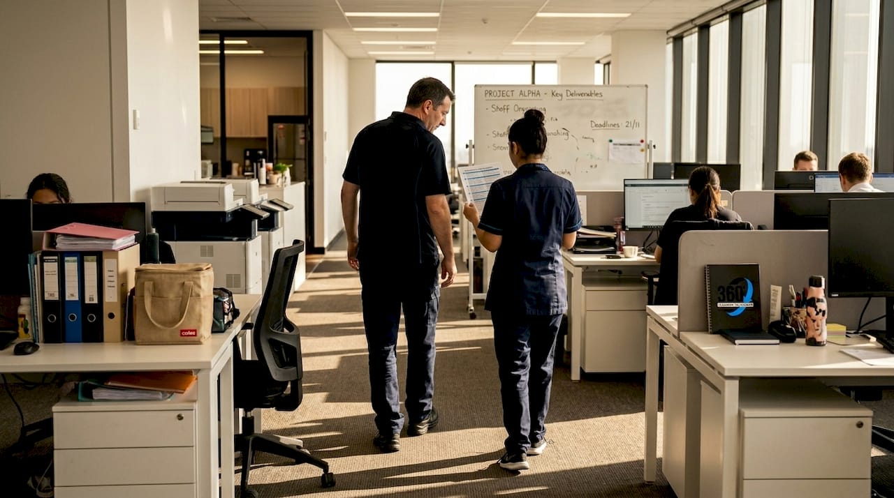 Supervisor leading new cleaner through office