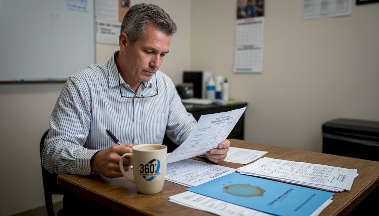 Clinic manager reviewing cleaning checklist
