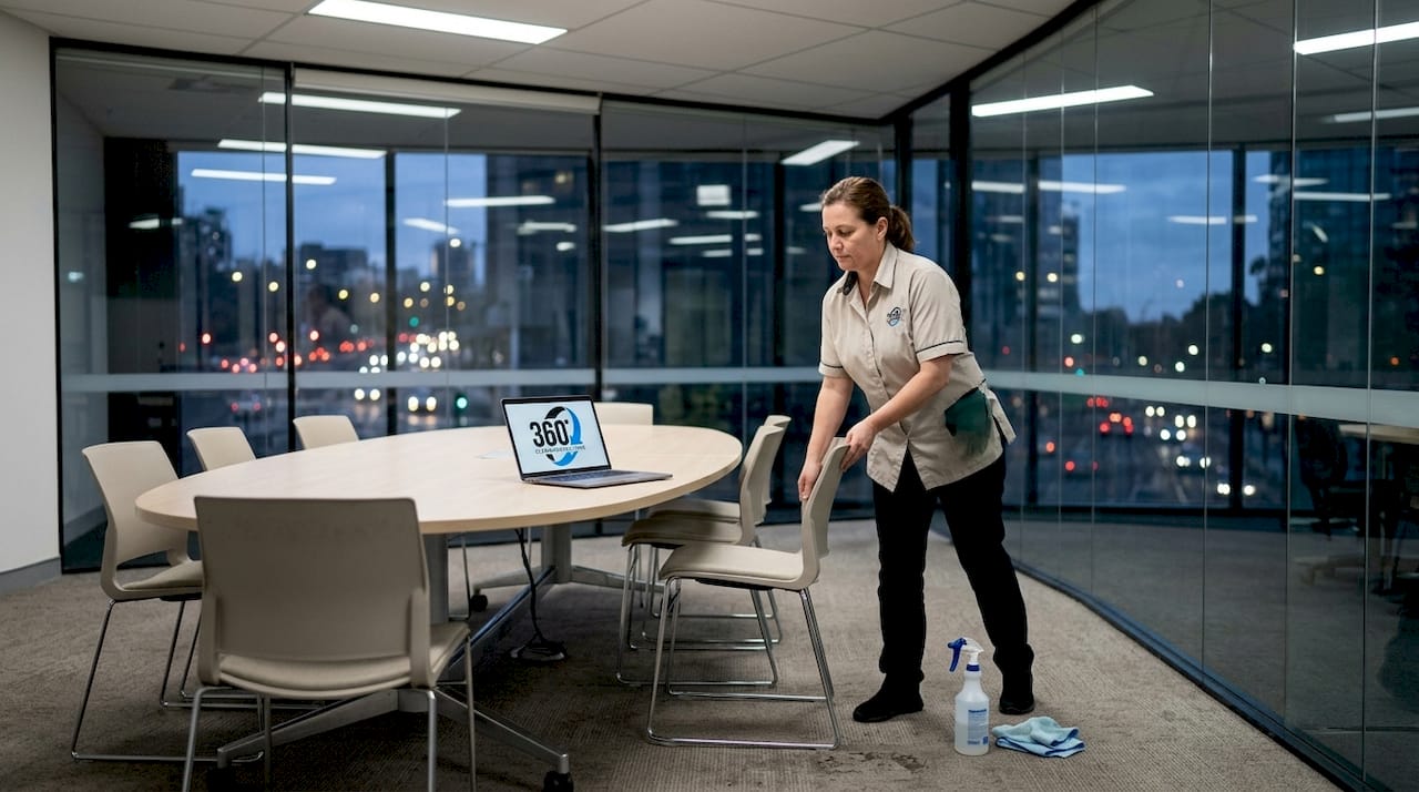 Cleaner preparing detailed office floor cleaning