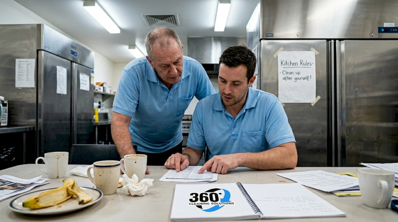 Cleaning staff reviewing duty roster in kitchen