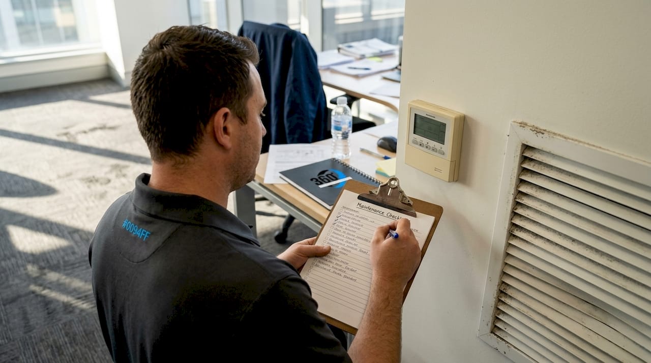 Technician inspecting HVAC in active office