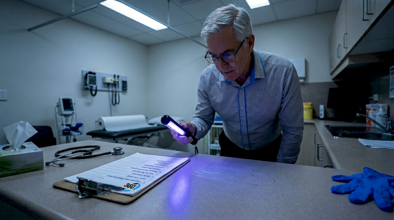 Supervisor checks clinic exam room surfaces