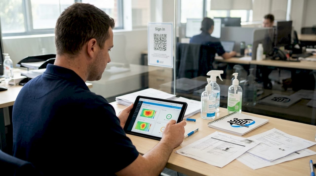 Cleaner checks digital audit report on tablet