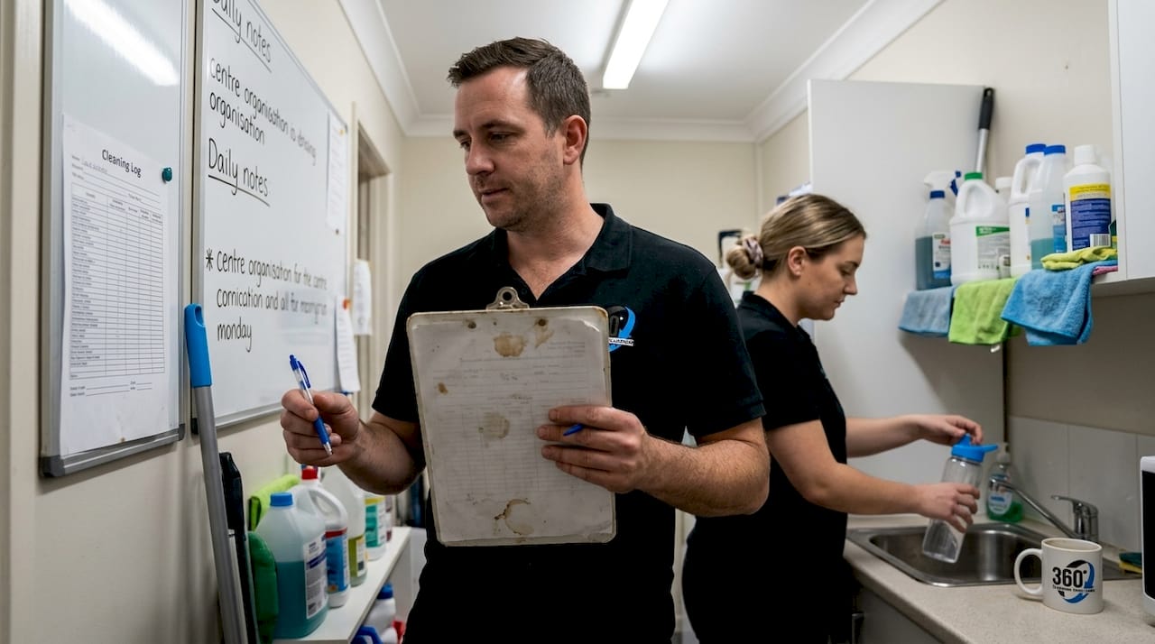 Staff reviewing cleaning log in break area