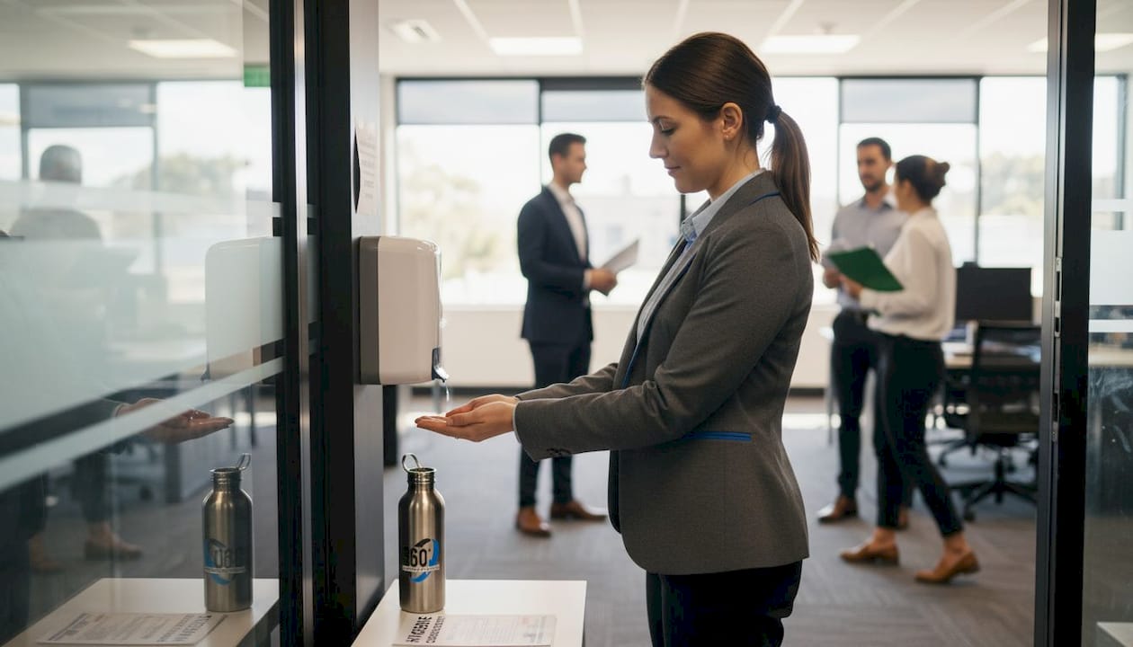 Employee sanitising hands at office entrance
