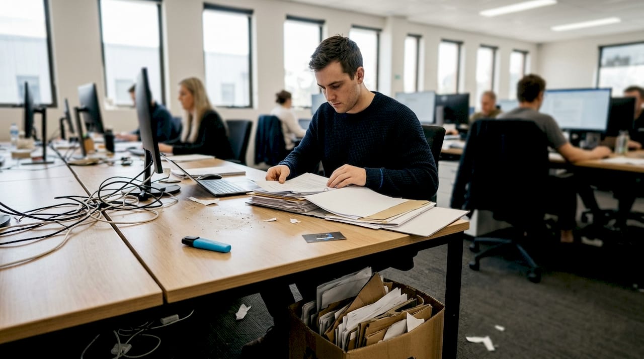 Employee surrounded by messy desk and papers