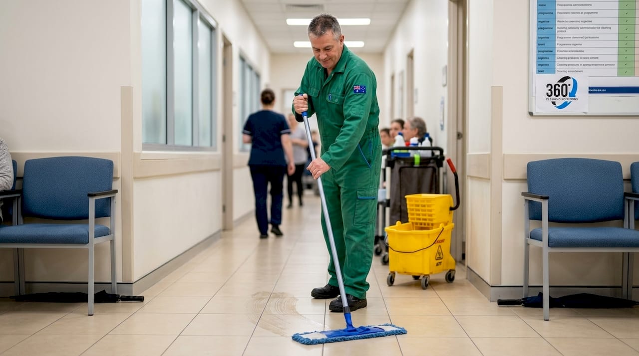 Janitor damp mopping clinic hallway