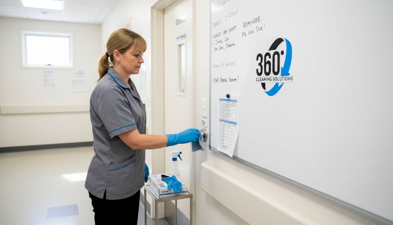 Healthcare worker following cleaning protocol