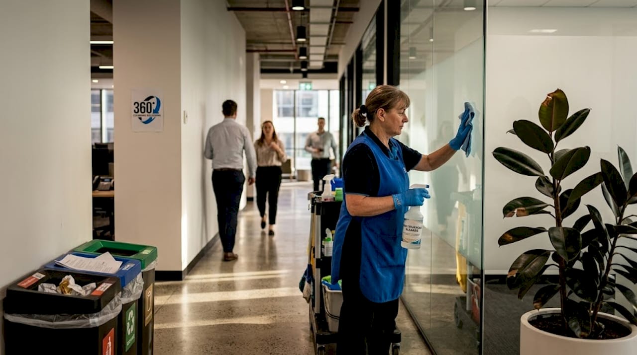 Cleaner focuses on glass near busy hallway