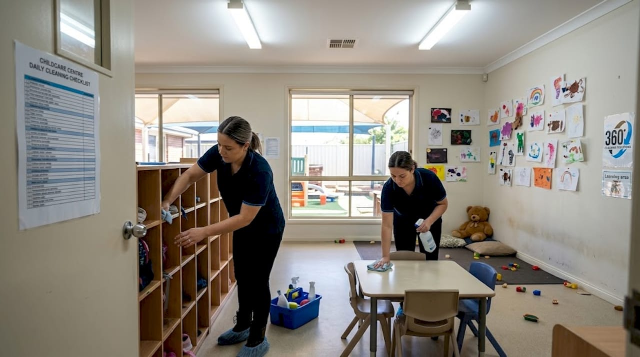 Team deep cleans playroom at childcare centre