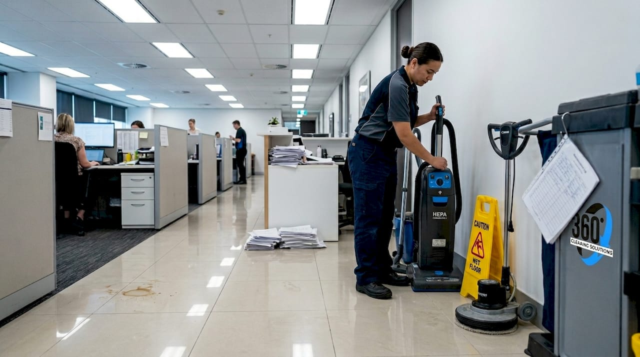 Janitor placing commercial cleaning tools in office