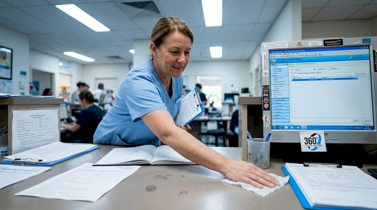 Clinic staff cleaning high-touch counter