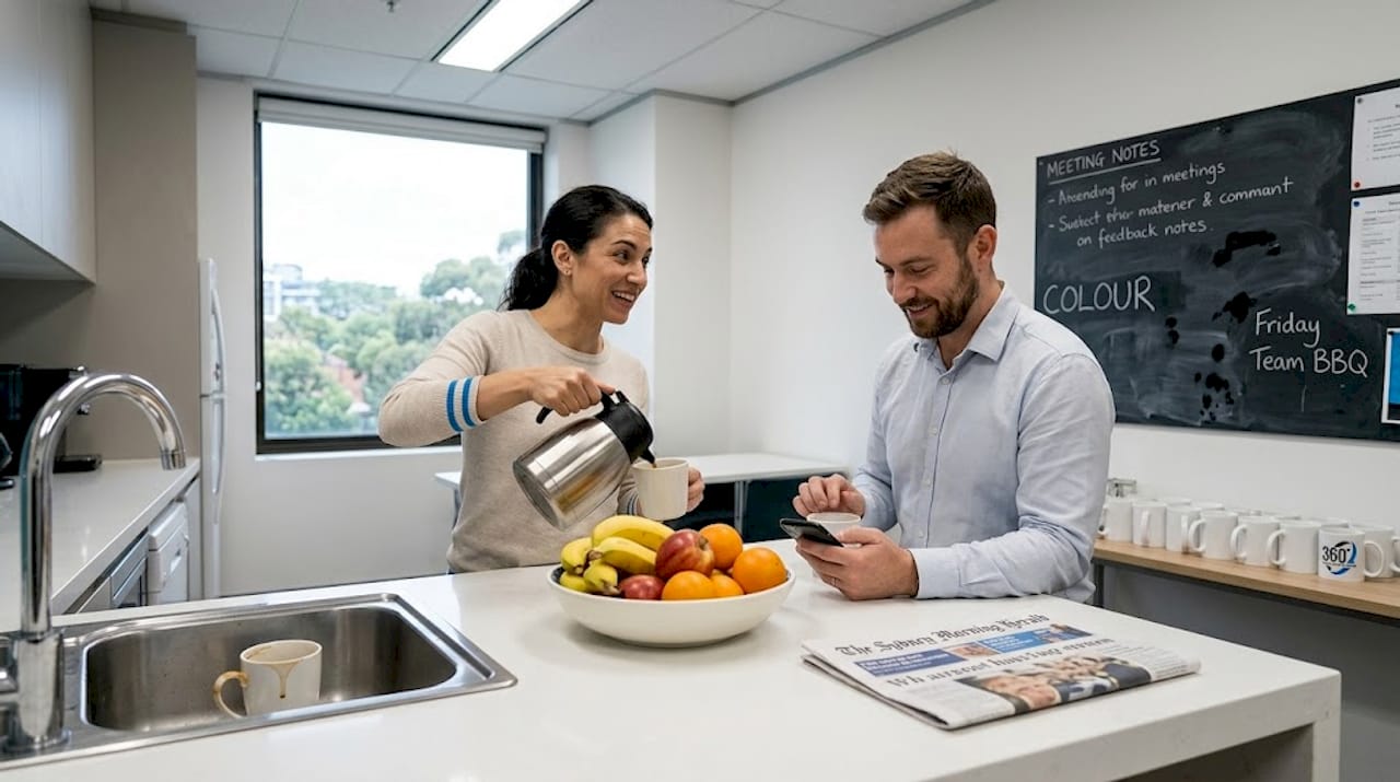 Colleagues talking in a tidy office breakroom