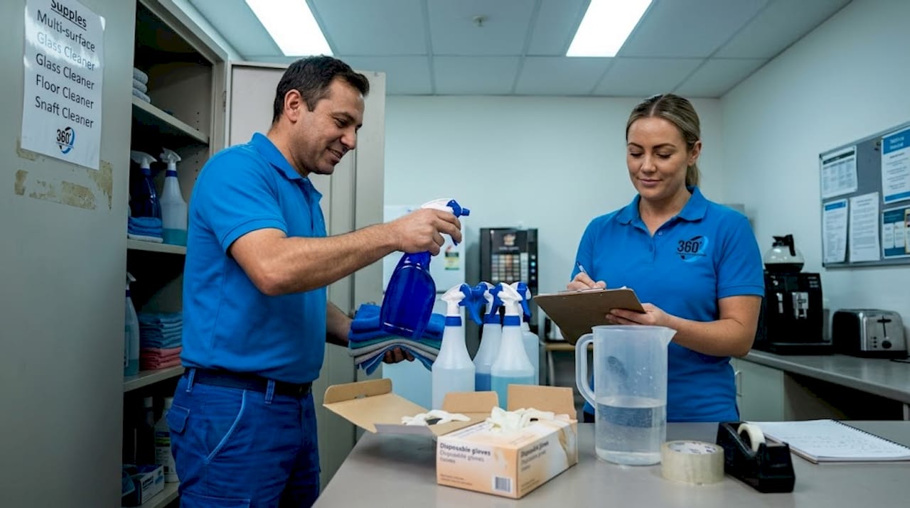 Cleaning staff stocking supplies in breakroom