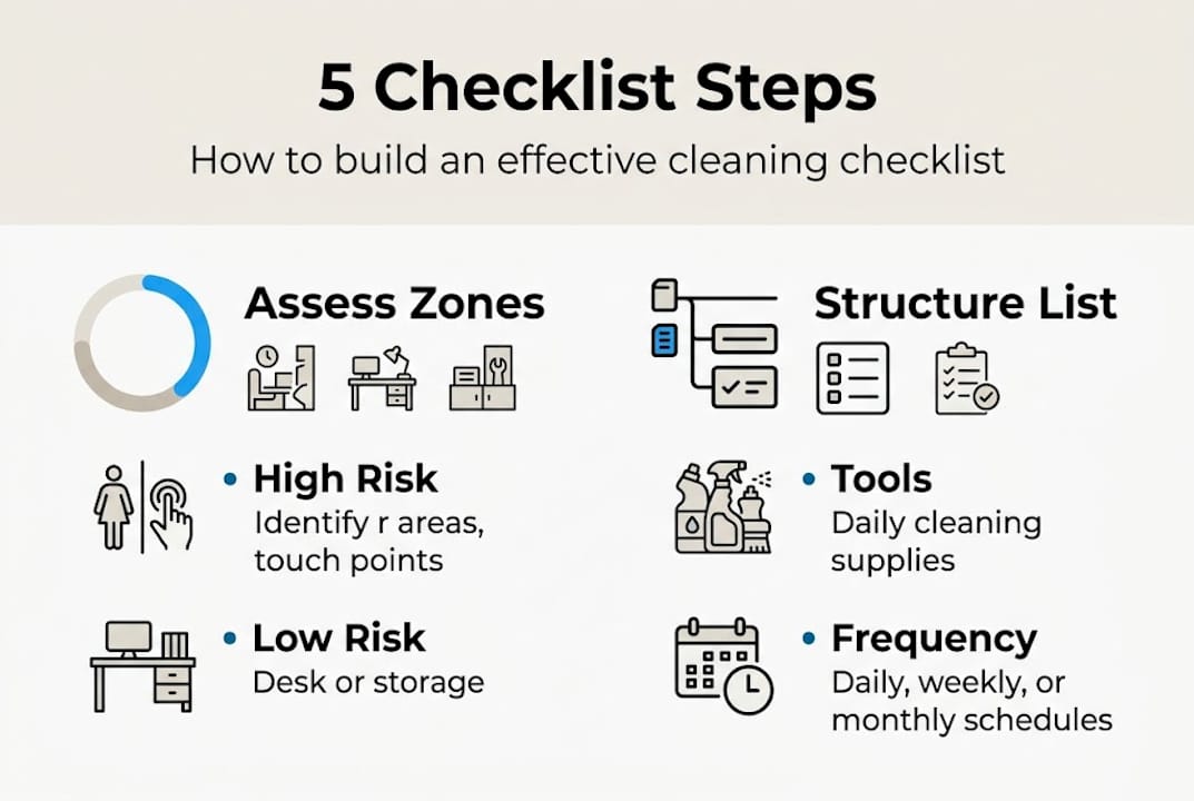 Infographic showing five cleaning checklist steps