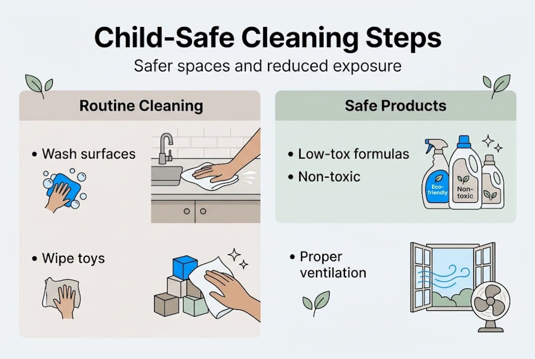 Infographic showing child-safe cleaning process