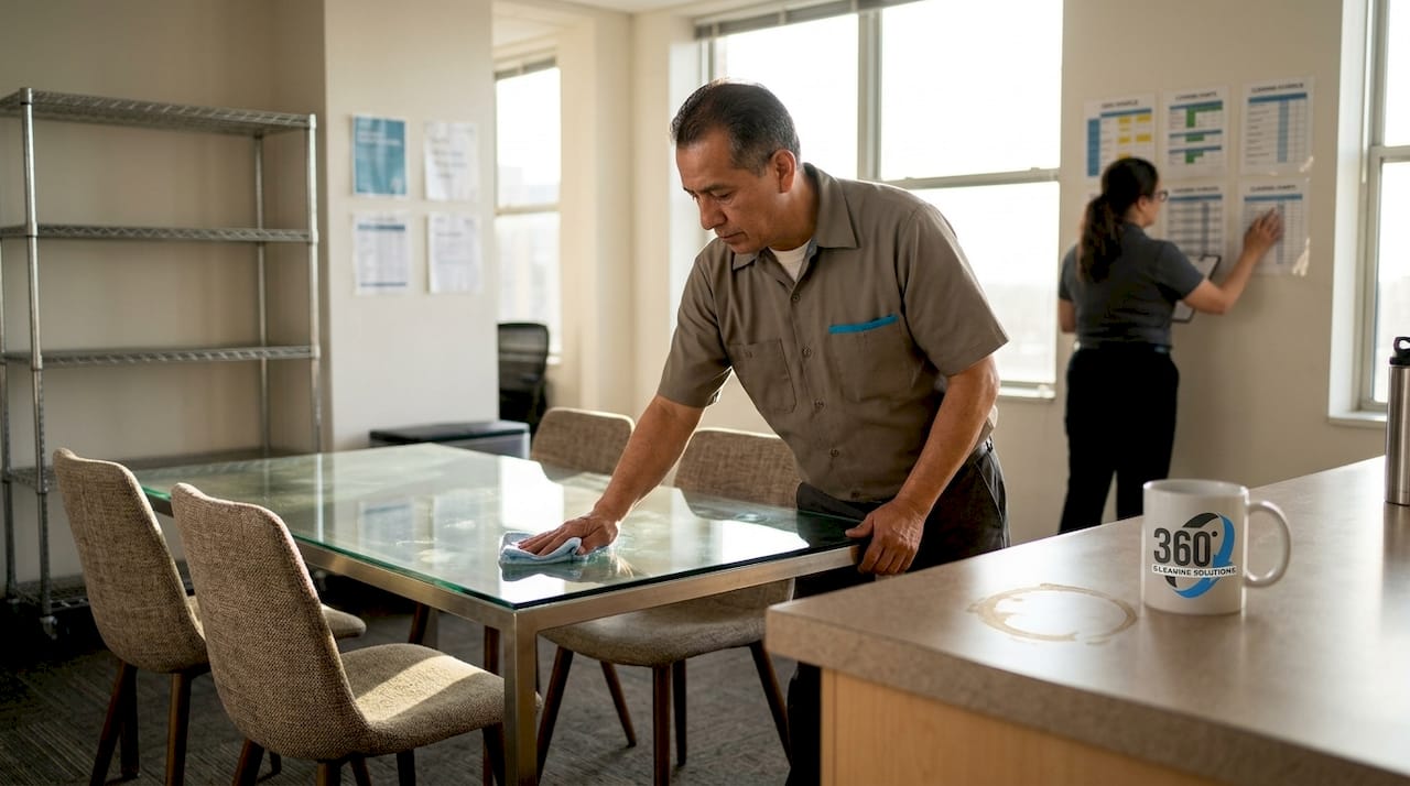 Janitor cleaning porous and non-porous surfaces