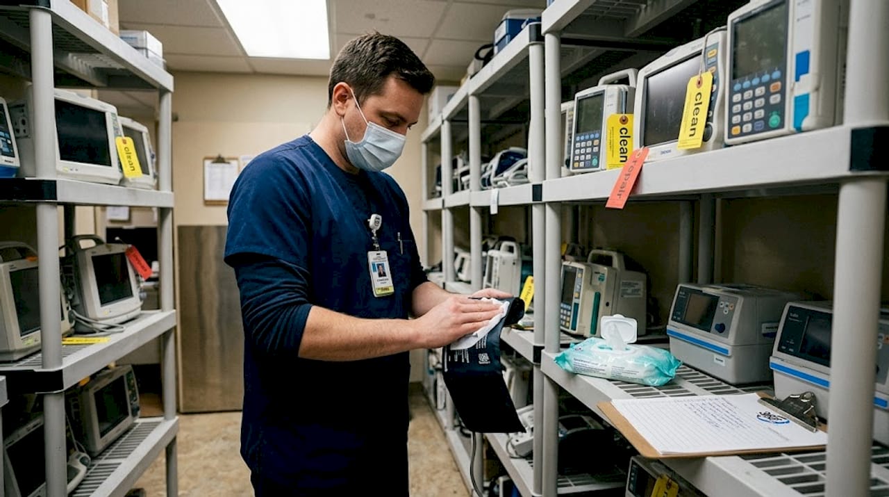 Staff cleaning shared medical equipment with wipes
