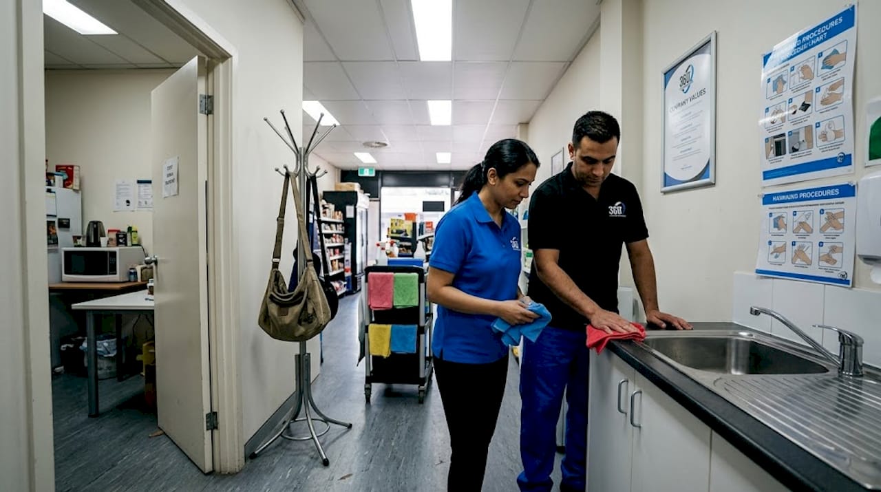 Cleaners training in small business staff area