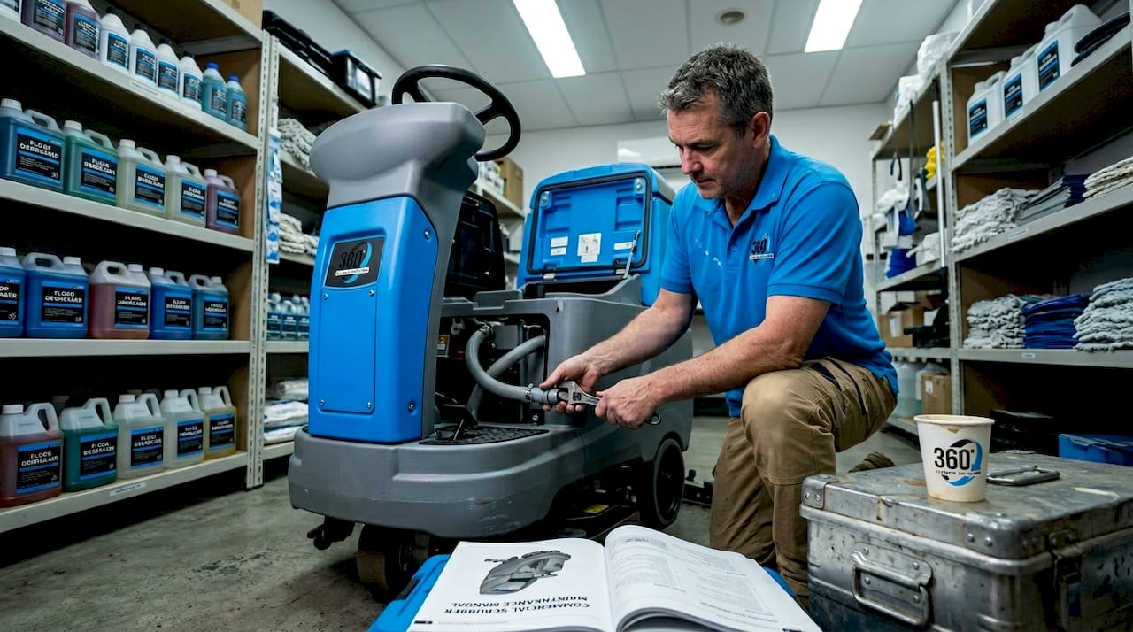 Technician performing floor scrubber maintenance