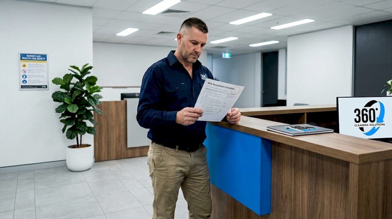 Cleaner checks risk assessment in business lobby