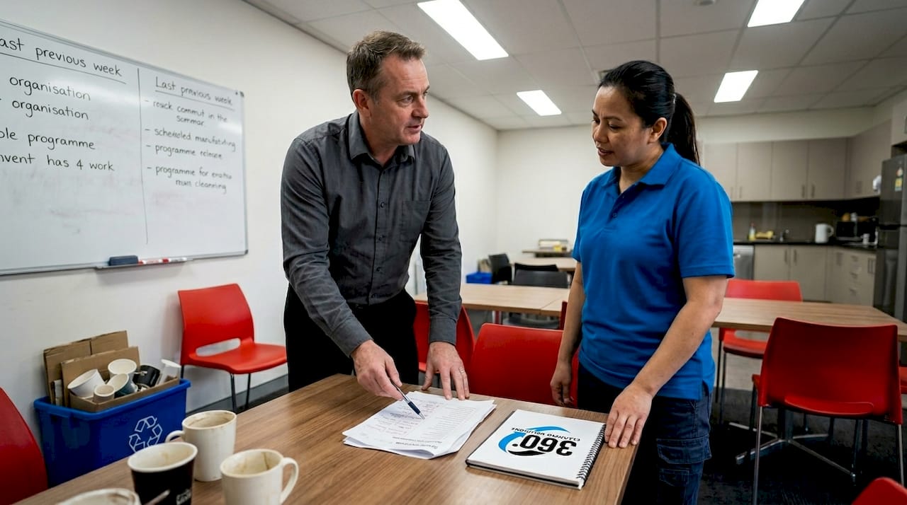 Manager reviews cleaning checklist with staff