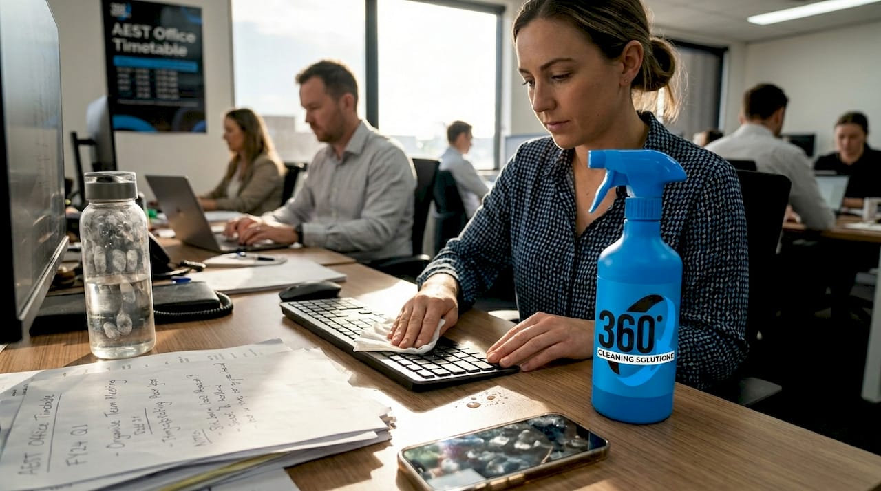 Employee cleaning shared office desk keyboard