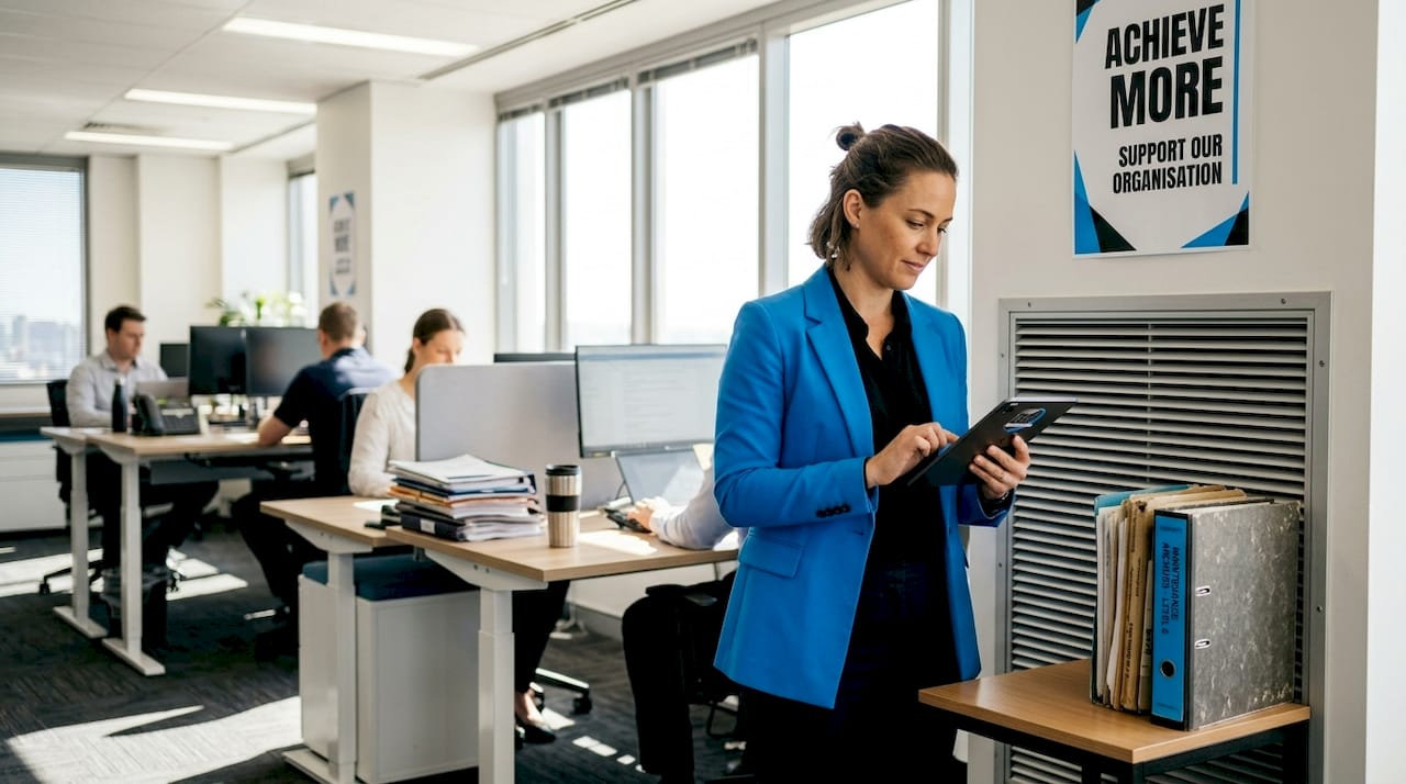 Facilities manager checks office air vent cleanliness