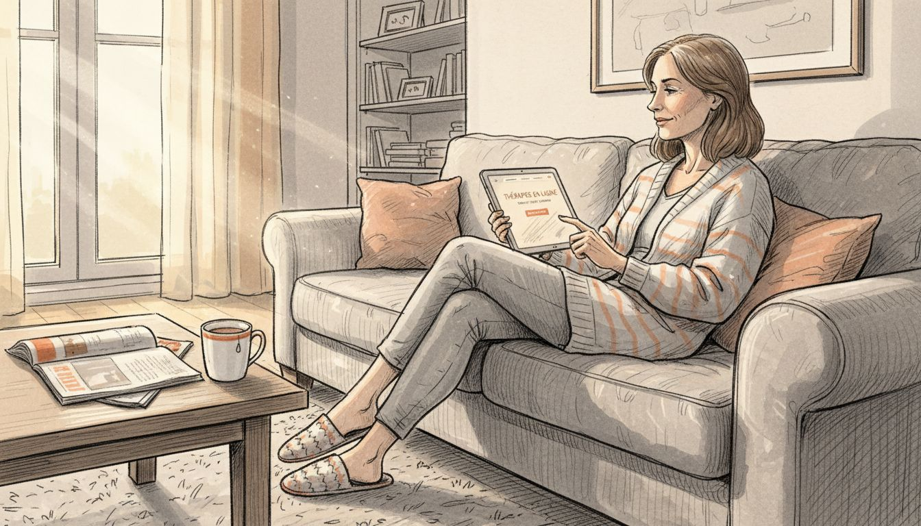 Un patient consulte le site internet de son thérapeute depuis chez lui, confortablement installé.