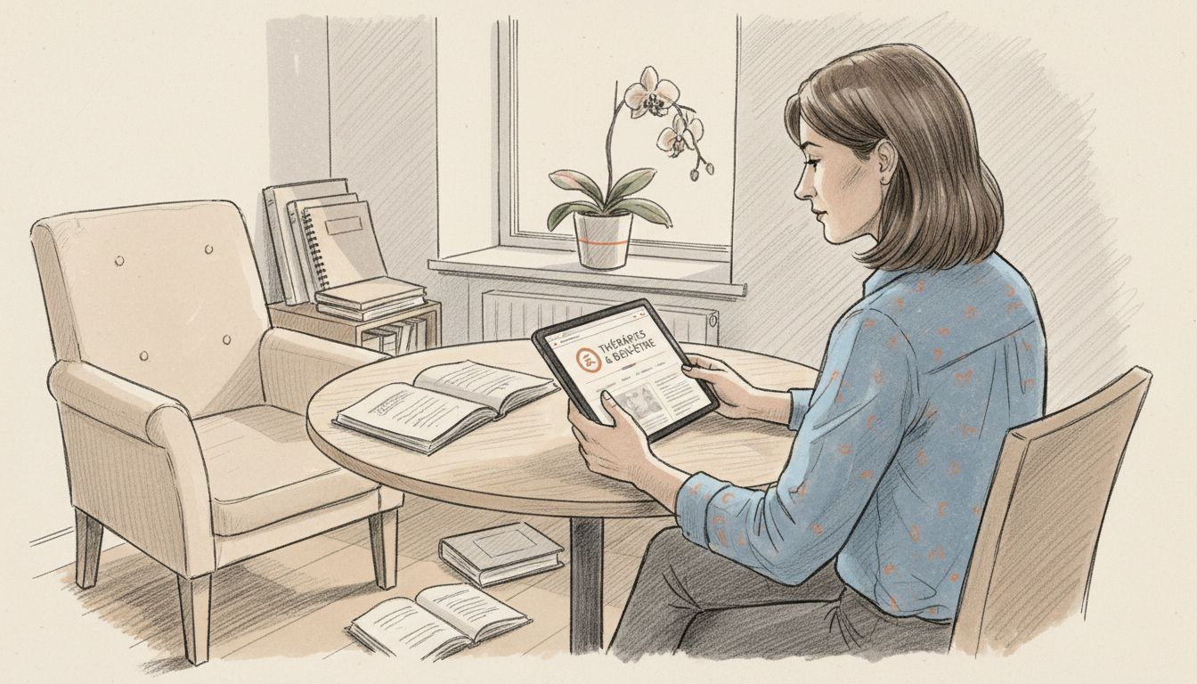 Une thérapeute consulte attentivement son site internet sur une tablette.
