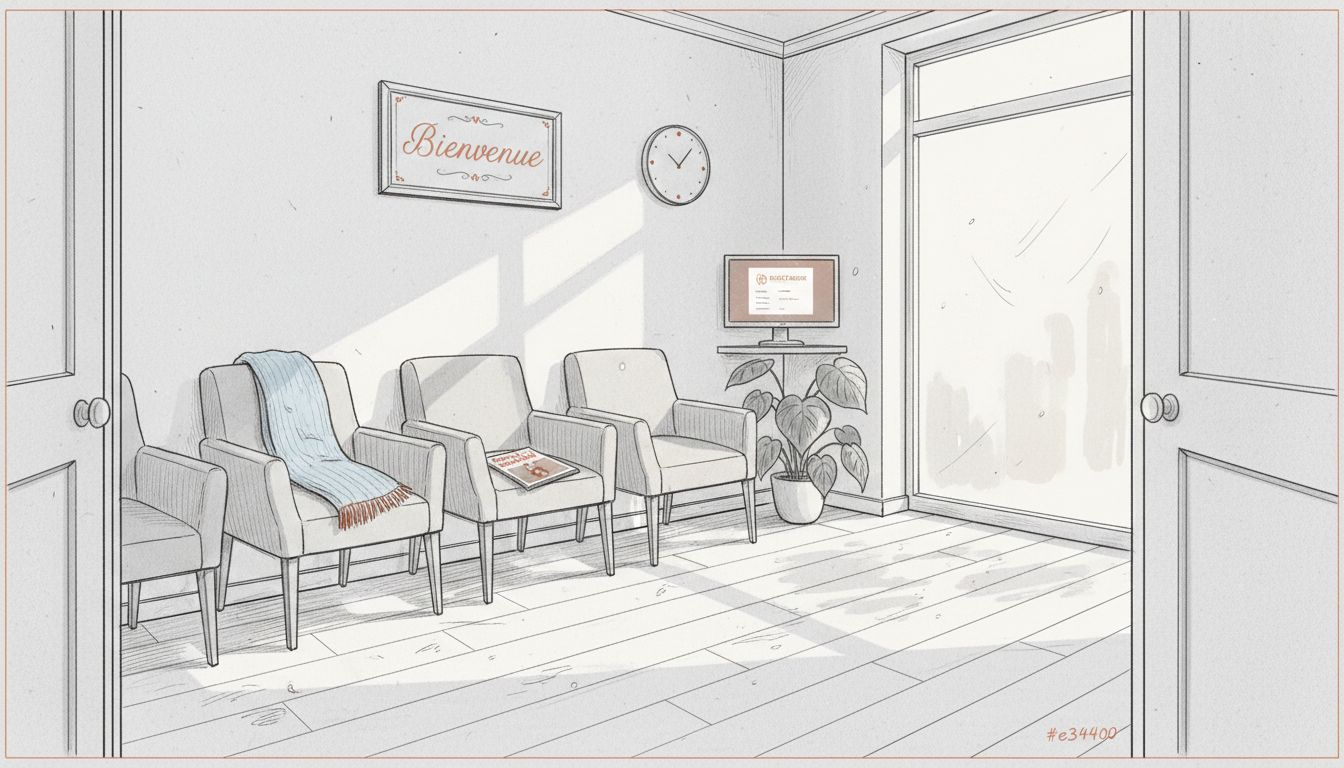 Dans une salle d’attente paisible, le site internet de l’ostéopathe est affiché à disposition des patients.