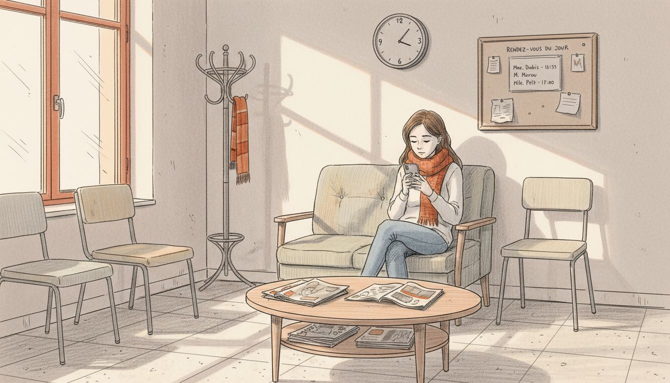 Une femme patiente seule dans la salle d’attente du cabinet médical, son téléphone à la main.