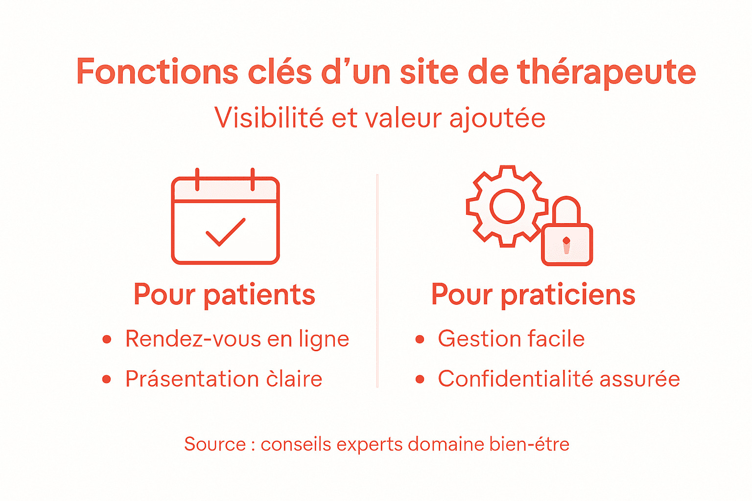 Présentation visuelle des principales fonctionnalités d’un site dédié aux thérapeutes