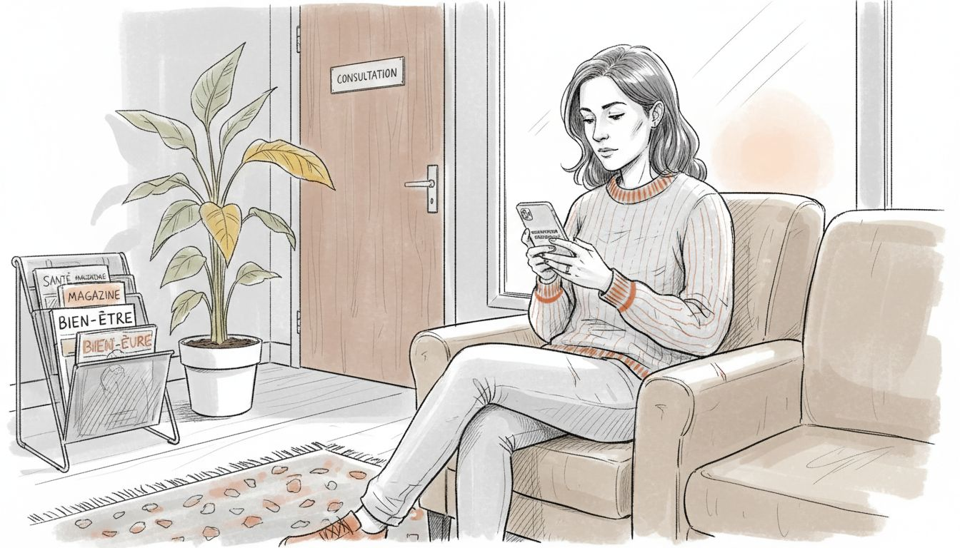 Une patiente consulte son téléphone pour s'assurer que son rendez-vous médical est bien confirmé.