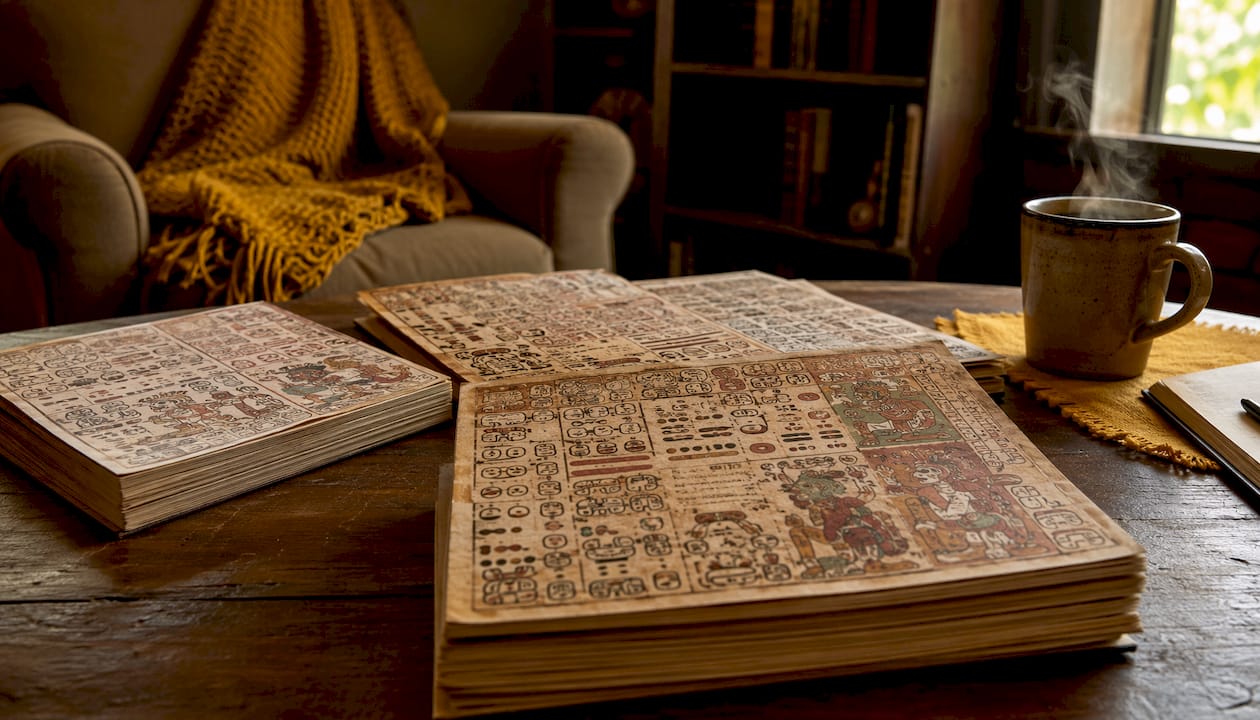 Close-up Dresden Codex facsimile on wooden table