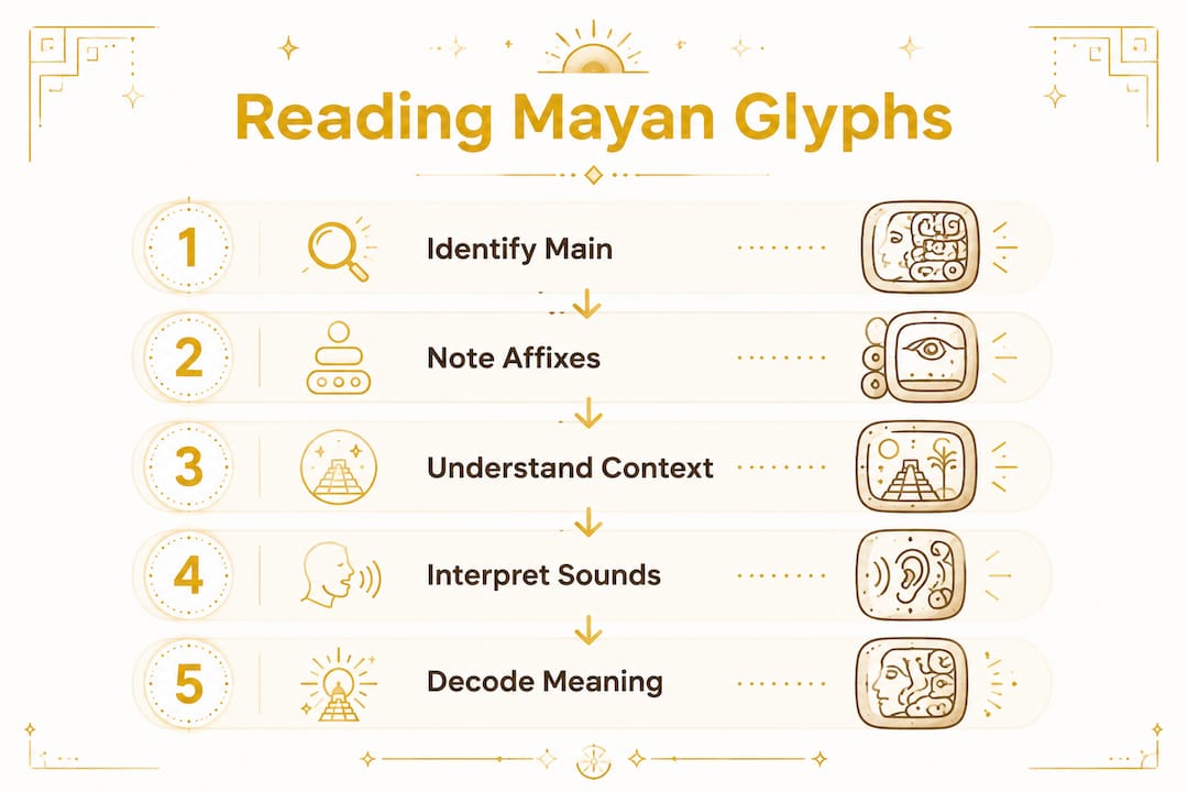 Infographic showing step-by-step guide to reading Mayan glyphs