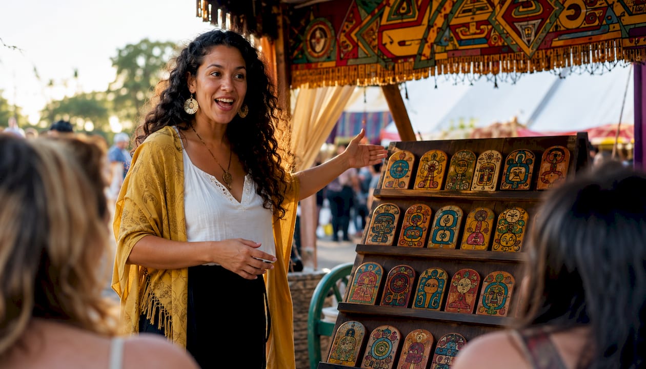 Educator explaining Mayan day signs display