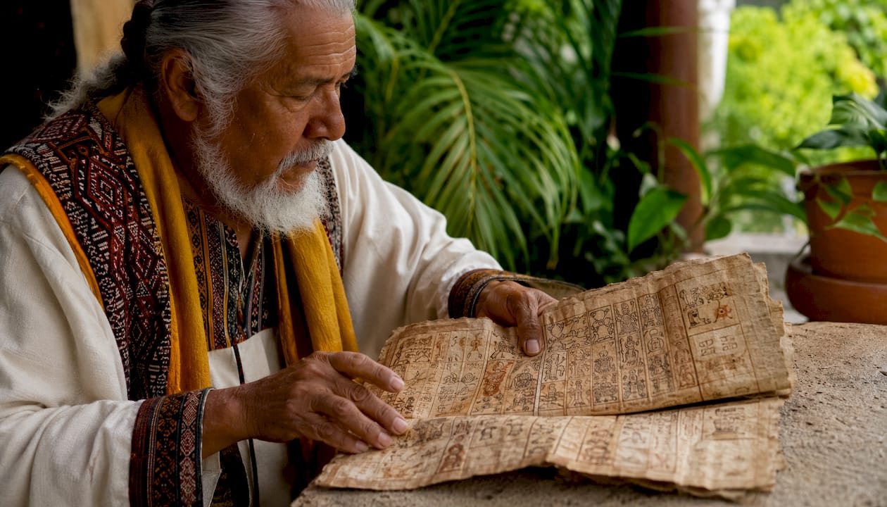 Hands holding sacred Mayan codex pages