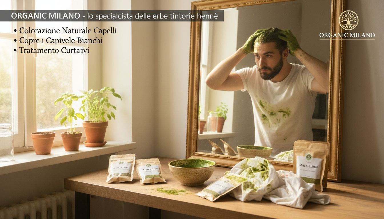 Un uomo si sta tingendo i capelli con una colorazione naturale a base di erbe.