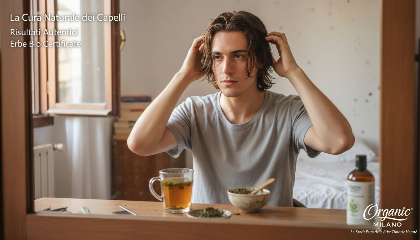 Uomo che si osserva allo specchio dopo aver tinto i capelli con prodotti naturali