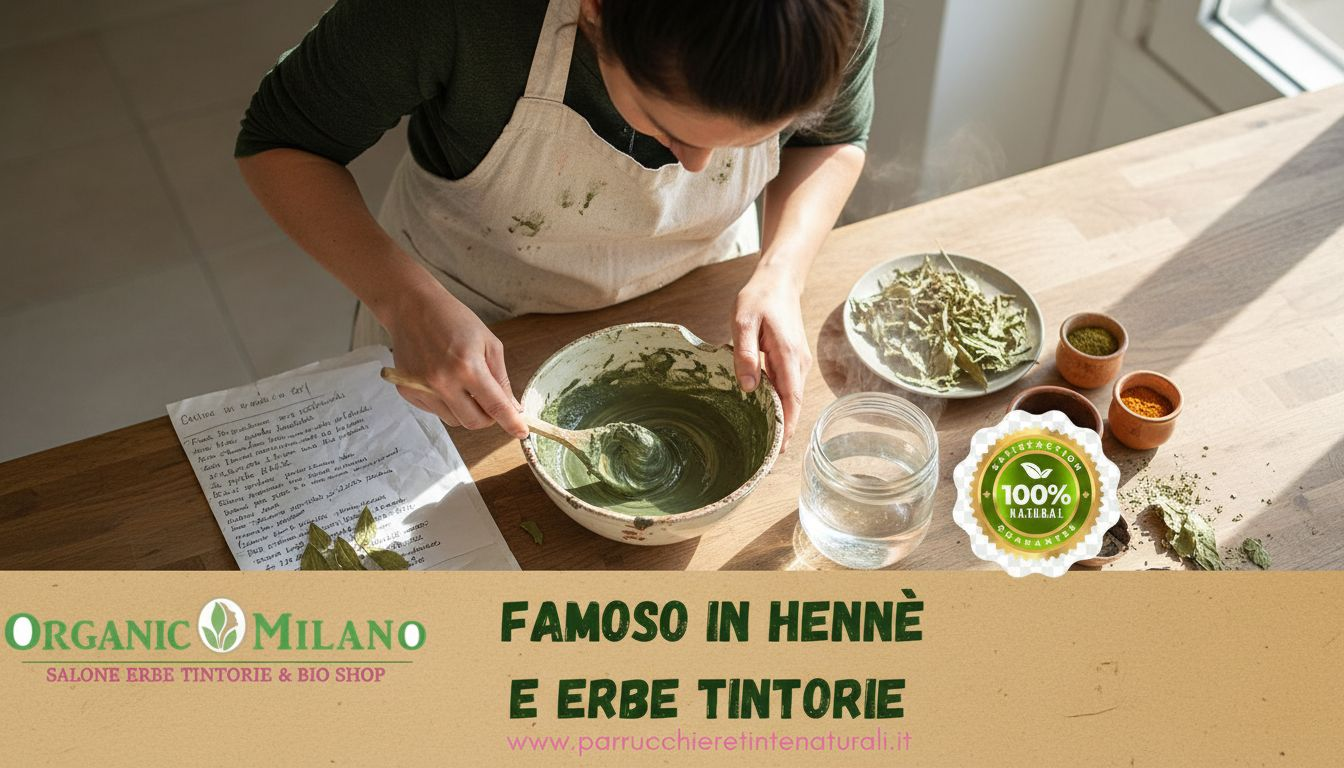 Un esperto di colorazione capelli prepara una miscela di tintura vegetale, scegliendo con cura ingredienti naturali per ottenere sfumature uniche e rispettose della salute del capello.