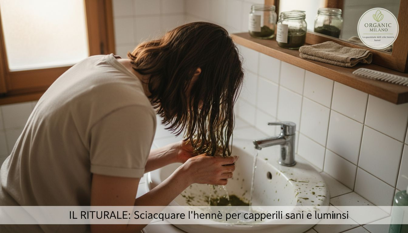 Una donna si sciacqua i capelli dopo aver applicato l'henné.