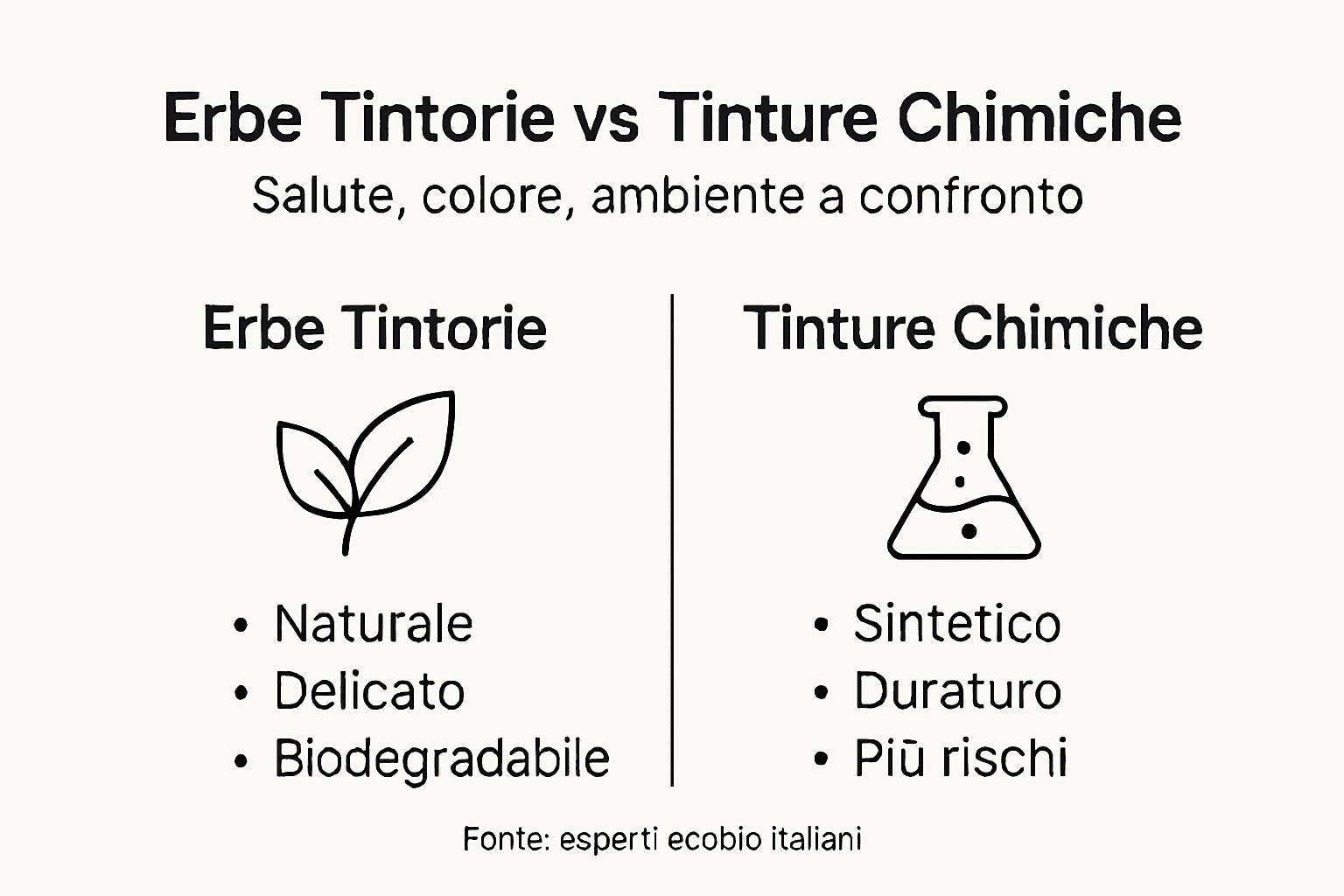 Un’infografica mette a confronto le tinture naturali a base di erbe con quelle chimiche, evidenziando vantaggi e differenze.