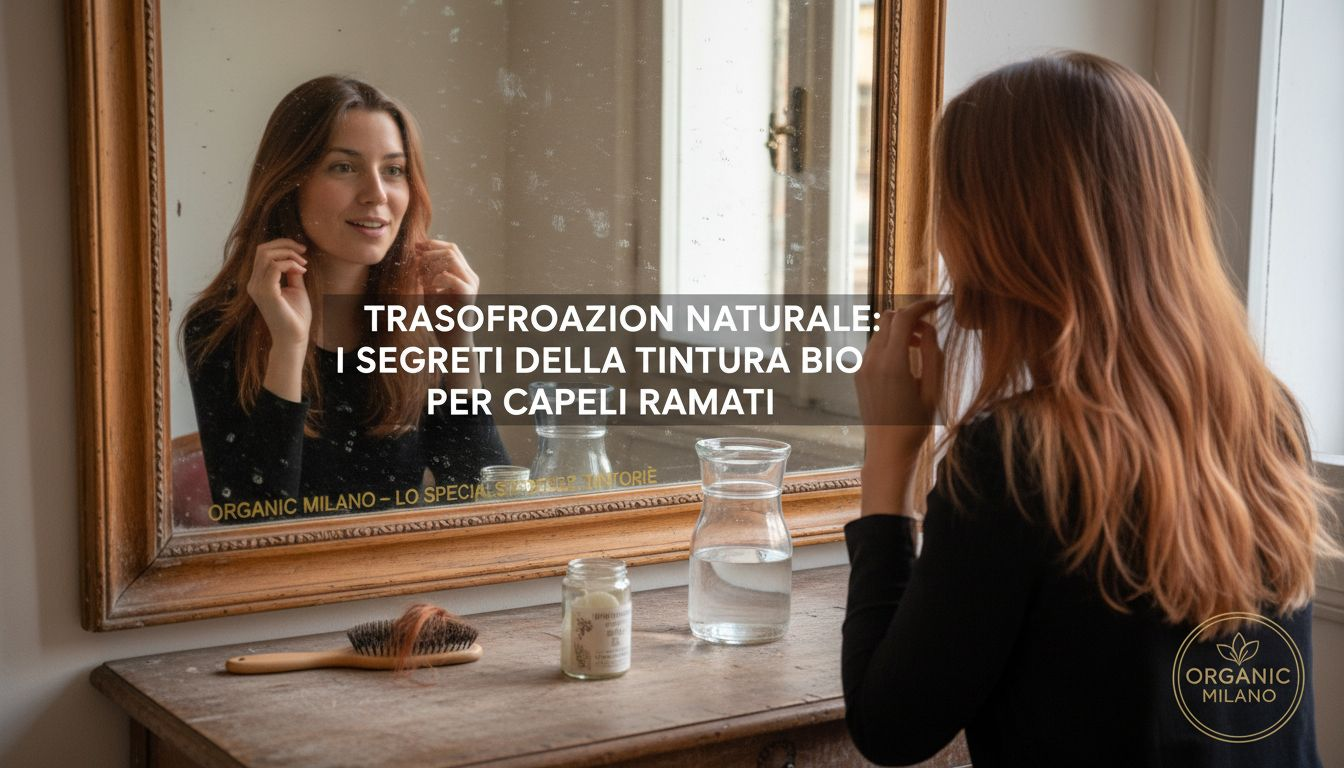 Una donna ammira i suoi capelli dopo un trattamento biologico, notando la loro luminosità e vitalità.