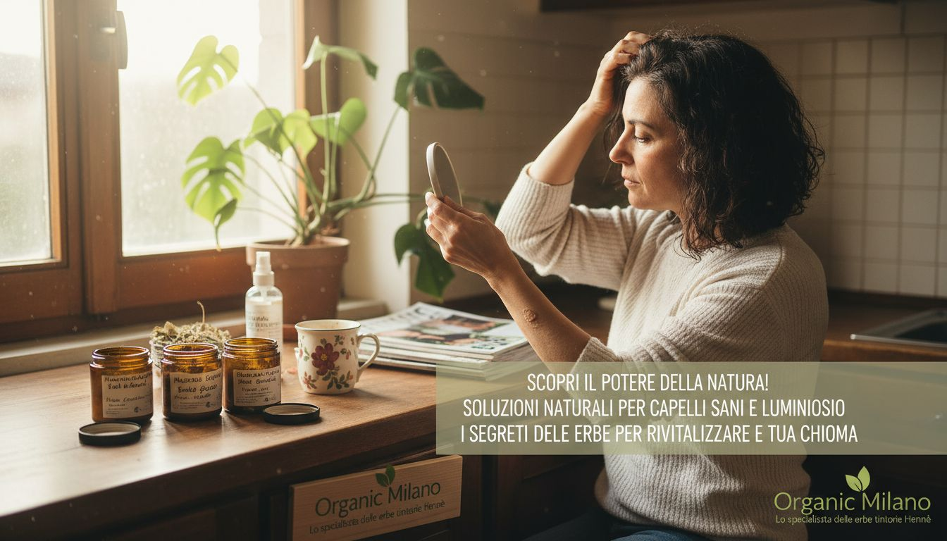 Donna che controlla il cuoio capelluto mentre utilizza prodotti naturali per capelli