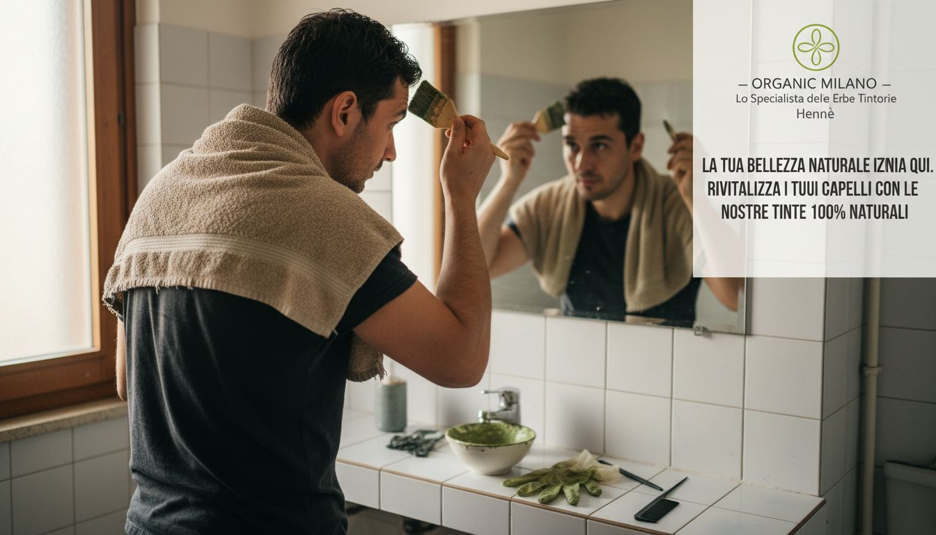 Un uomo sta applicando una tintura naturale sulle radici dei capelli.