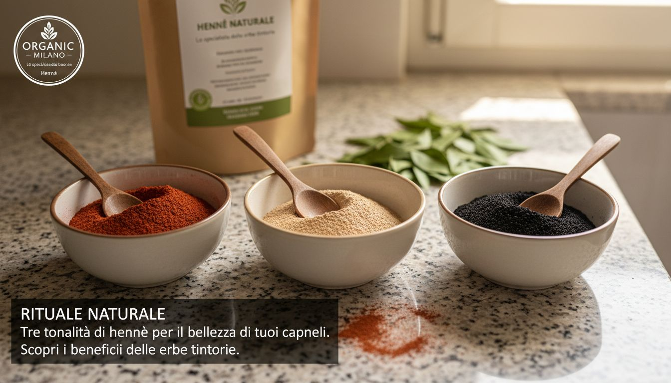 Ciotole con polveri di henné nei tre colori: rosso, neutro e nero.