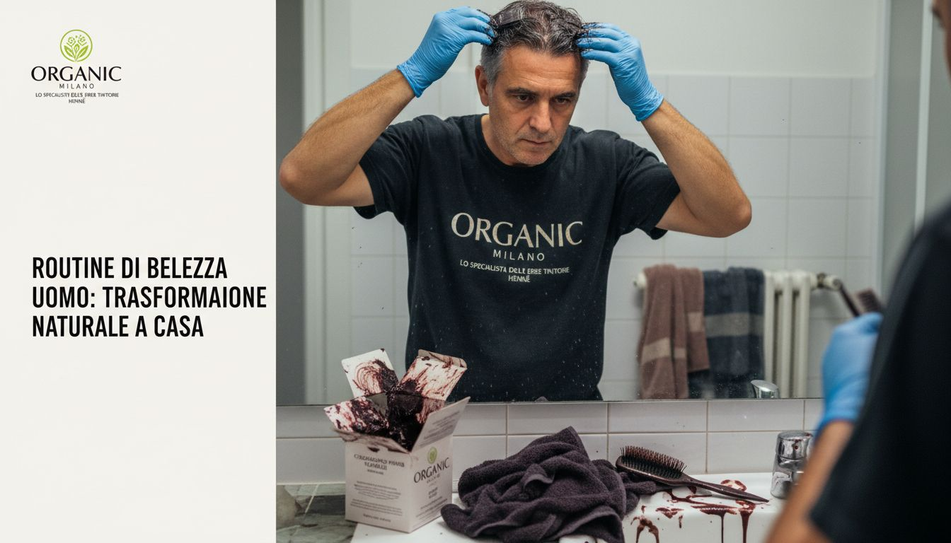 Un uomo si tinge i capelli a casa utilizzando una confezione di colorante.