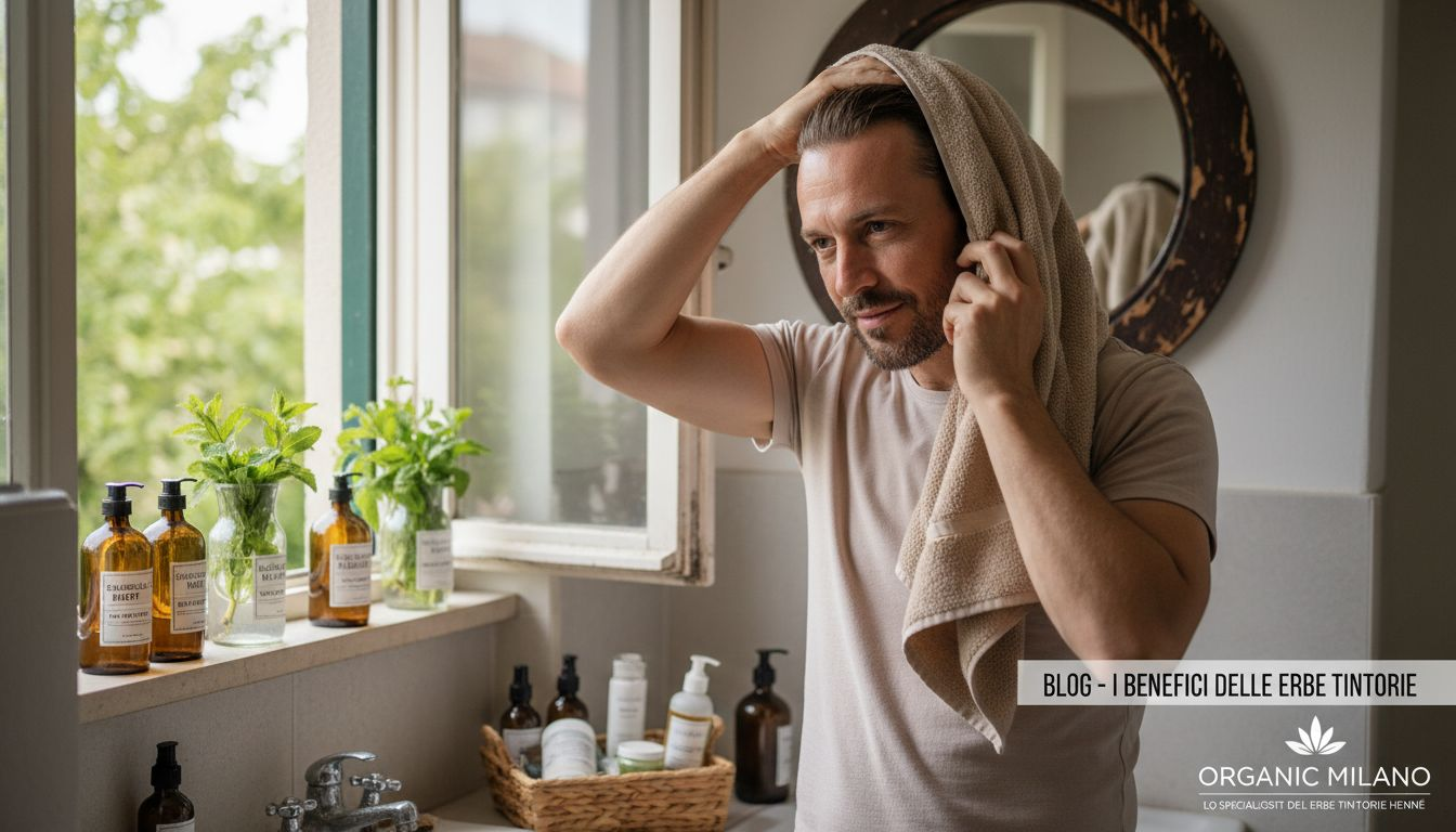 Un uomo si prende cura dei suoi capelli utilizzando prodotti naturali per l’asciugatura.